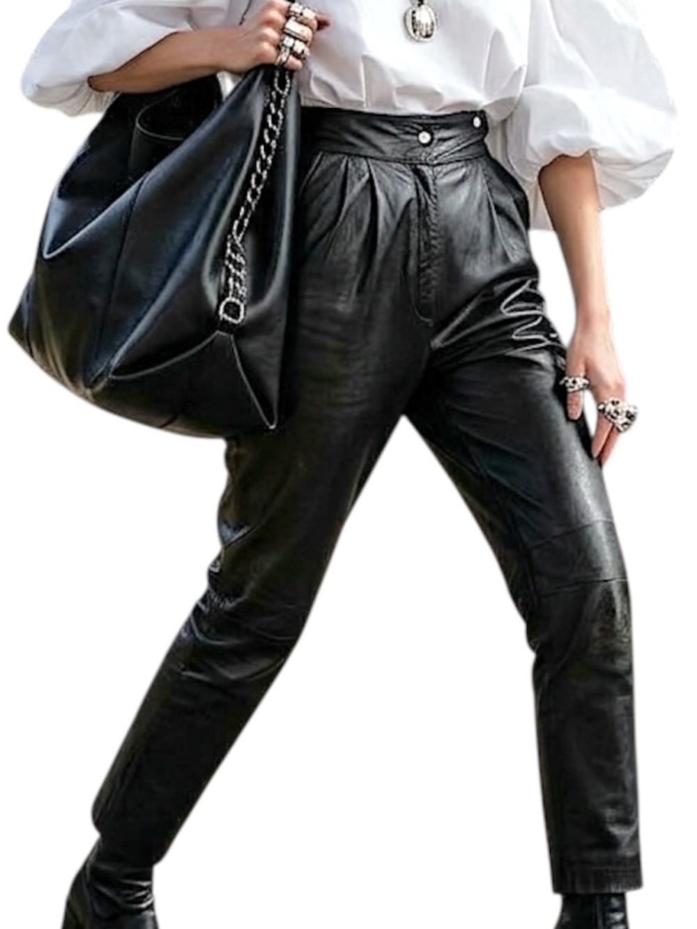 Vintage 80s black leather high rise pleated asymmetrical waist trousers pants XS